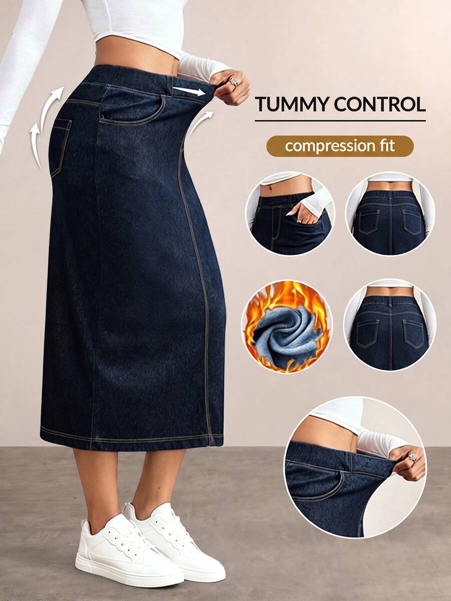 Flexra Plus Size Women's Casual Traditional Decent Normal Navy Blue Denim Skirt With Pockets Date Night Rodeo Autumn Formal Vacation Formal Brunch - Dark Wash - View 1