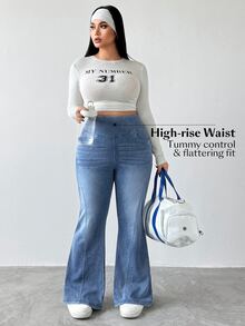 Flexra 大码女式时尚休闲水洗牛仔喇叭裤 - 淺色水洗藍 - 查看 7