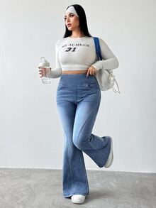 Flexra 大码女式时尚休闲水洗牛仔喇叭裤 - 淺色水洗藍 - 查看 4