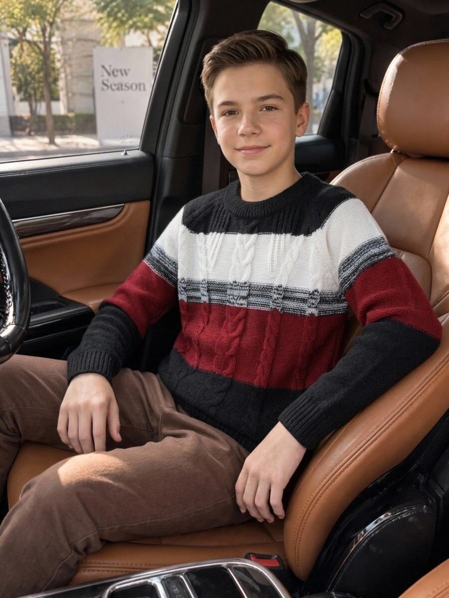 SHEIN Tween Boy Colorblock Crew Neck Raglan Long Sleeve Casual Sweater Autumn Winter - Burgundy - View 1