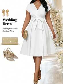 Fleurora New Plus Size Belt Summer Autumn Winter Bow Waist Design Niche Chic Ladies Dress White Dress Plus Size Dress Vacation Outfits - White - View 3