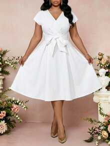 Fleurora New Plus Size Belt Summer Autumn Winter Bow Waist Design Niche Chic Ladies Dress White Dress Plus Size Dress Vacation Outfits - White - View 6