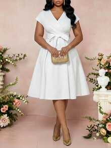 Fleurora New Plus Size Belt Summer Autumn Winter Bow Waist Design Niche Chic Ladies Dress White Dress Plus Size Dress Vacation Outfits - White - View 5