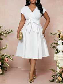 Fleurora New Plus Size Belt Summer Autumn Winter Bow Waist Design Niche Chic Ladies Dress White Dress Plus Size Dress Vacation Outfits - White - View 4