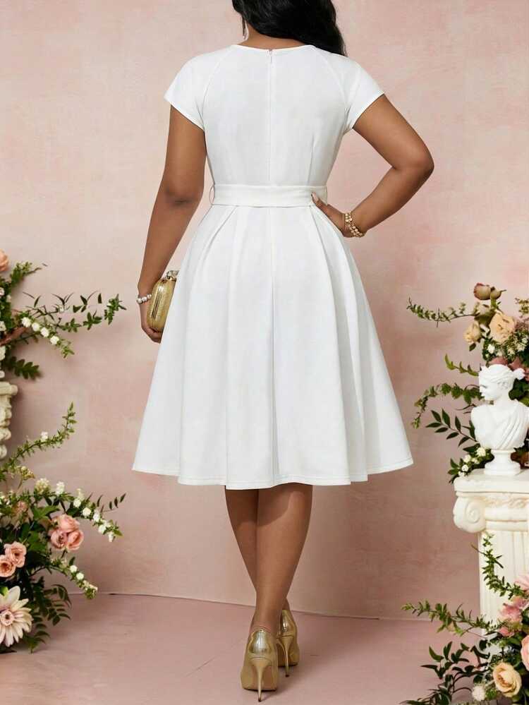 Fleurora New Plus Size Belt Summer Autumn Winter Bow Waist Design Niche Chic Ladies Dress White Dress Plus Size Dress Vacation Outfits - White - View 2