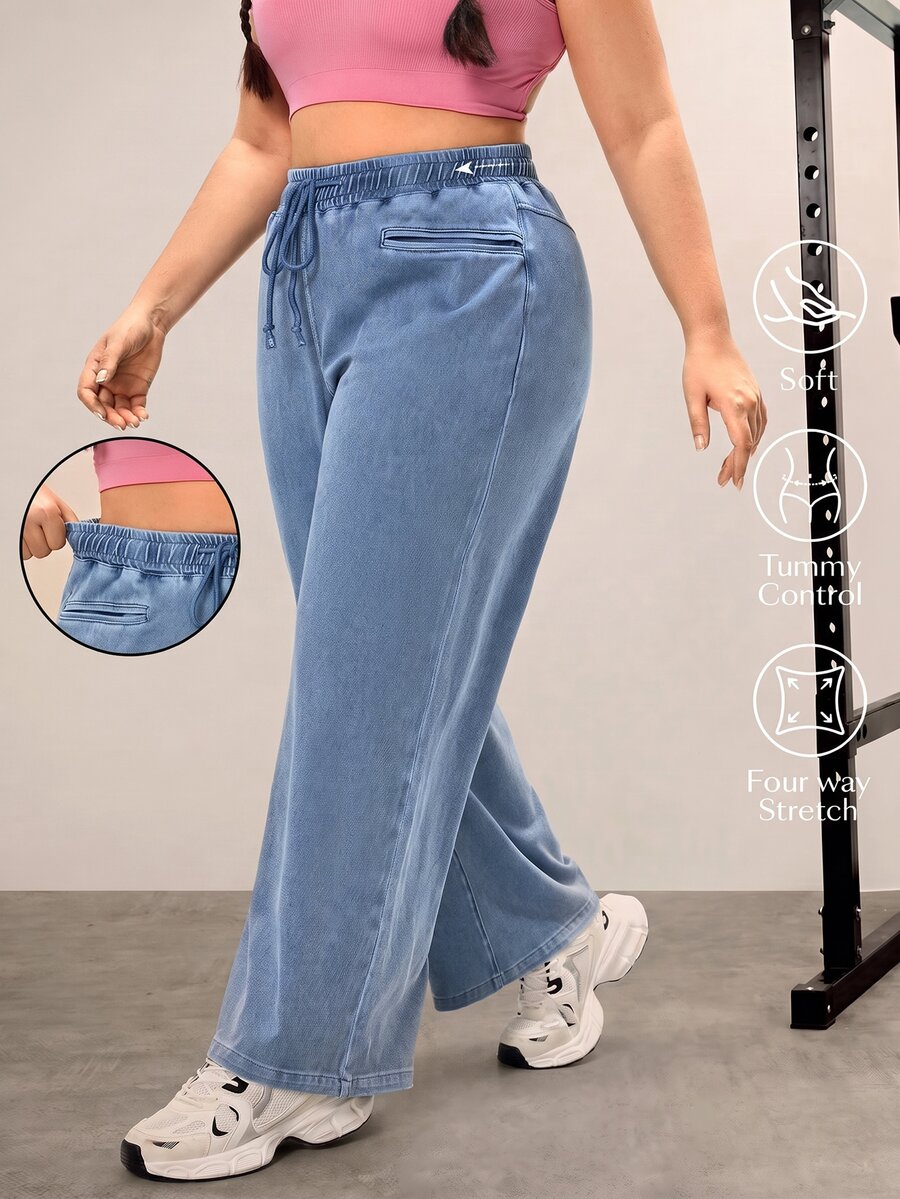 Flexra Oversized Sports Casual Straight Knit Jeans - Light Wash - View 1