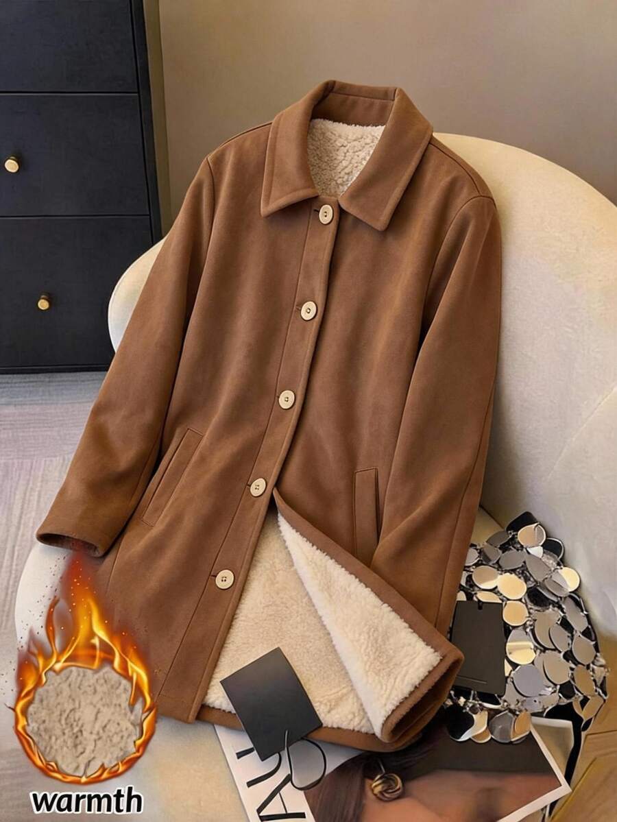 Rusticease Women Fall Winter Clothes Fleece-Lined For WarmthCasual Versatile Daily Thanksgiving Long Sleeve Trench Coat Jacket Everyday Going Out Brown Vintage - Khaki - View 1