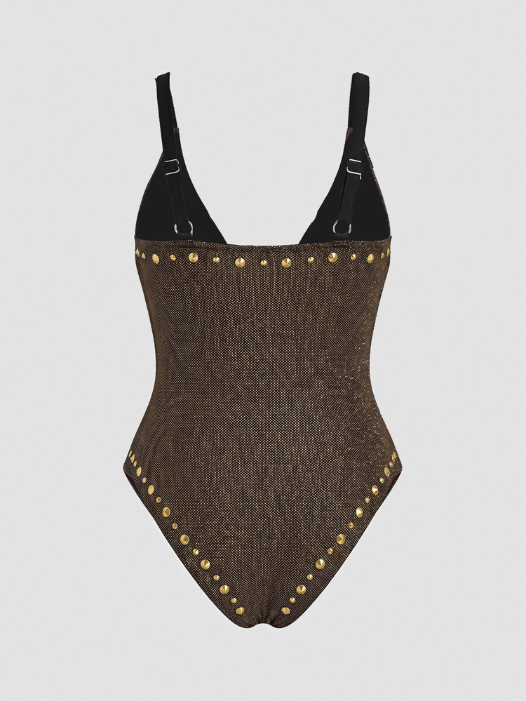 Maija Elegant Sexy Rivet Vacation One-Piece Swimsuit - Black - View 7