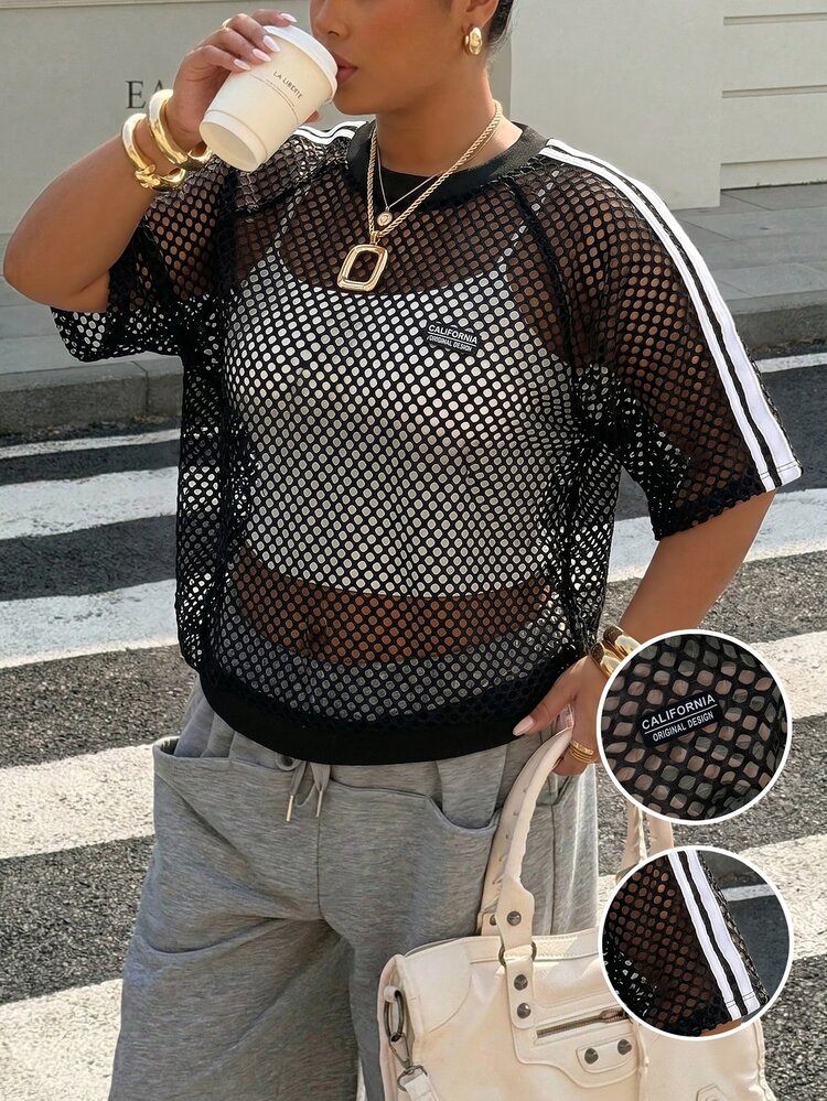 Muchica Spring/Summer Casual Smart Cowboy Loose Plus Size Black And White T-Shirt Sporty Stripe Detail Concert Club Beach - Black - View 8