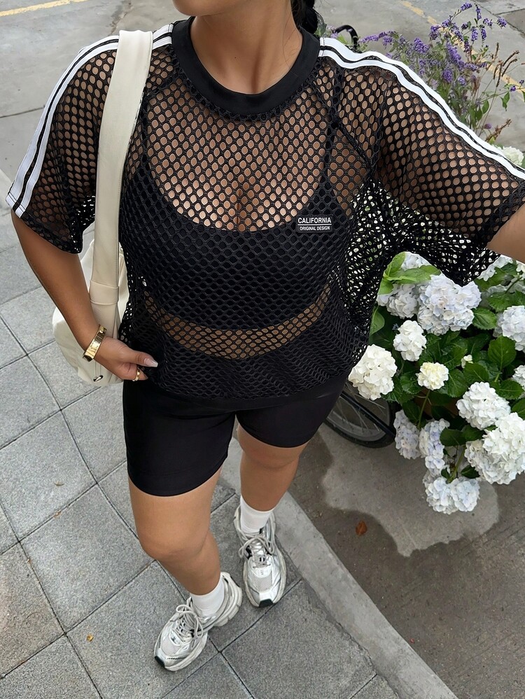 Muchica Spring/Summer Casual Smart Cowboy Loose Plus Size Black And White T-Shirt Sporty Stripe Detail Concert Club Beach - Black - View 2
