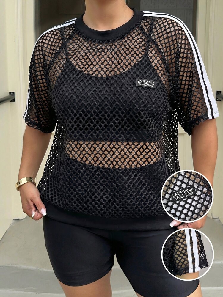 Muchica Spring/Summer Casual Smart Cowboy Loose Plus Size Black And White T-Shirt Sporty Stripe Detail Concert Club Beach - Black - View 7