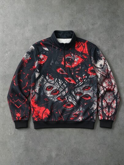 Sweat-shirt à col montant demi-zip coupe ample imprimé gothique œil rouge foncé pour hommes