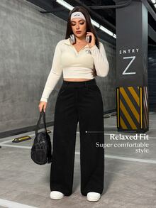 Flexra Jeans rectos casuales elásticos de talla grande para mujeres - Negro - Ver 4