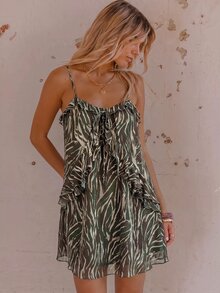 Aralina Summer Winter Ruffle Animal Print Sexy Pink Mesh Mini Dress - Green - View 5