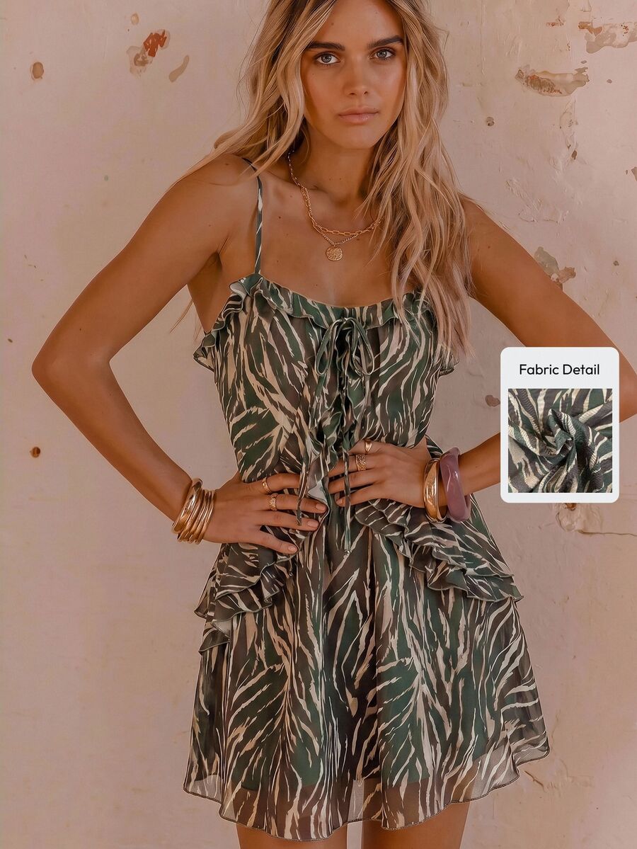 Aralina Summer Winter Ruffle Animal Print Sexy Pink Mesh Mini Dress - Green - View 1