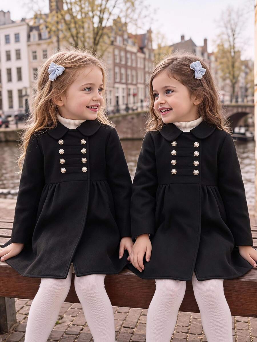 SHEIN Girls' British Academy Style Black Peter Pan Collar Overcoat, Double-Breasted Ruched Mid-Length Versatile Fall/ Jacket - Black - View 1