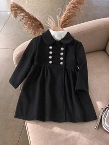 SHEIN Girls' British Academy Style Black Peter Pan Collar Overcoat, Double-Breasted Ruched Mid-Length Versatile Fall/ Jacket - Black - View 5