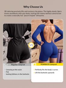 Powerista Women's Long Sleeve Navy Blue Colorblock Seamless Sports Jumpsuit(Suitable For Workout) Gym Fall Sporty Sexy Athletic - Royal Blue - View 4