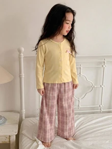 Tween Girl Casual Daily Versatile Comfortable Fitted Crew Neck Long Sleeve Pants Set Loungewear - Apricot - View 1