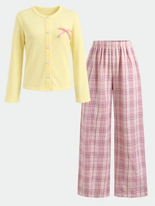 Tween Girl Casual Daily Versatile Comfortable Fitted Crew Neck Long Sleeve Pants Set Loungewear - Apricot - View 2