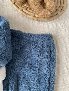 SHEIN 2件組男嬰套裝，可愛卡通風，拼色恐龍拼接刺繡，長袖連帽拉鍊外套搭配收口長褲，毛絨面料，休閒2件套，適合日常穿著、戶外活動，冬季男嬰套裝 - 藍色 - 查看 6
