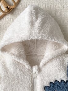 SHEIN 2件組男嬰套裝，可愛卡通風，拼色恐龍拼接刺繡，長袖連帽拉鍊外套搭配收口長褲，毛絨面料，休閒2件套，適合日常穿著、戶外活動，冬季男嬰套裝 - 藍色 - 查看 4