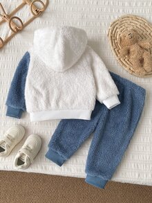 SHEIN 2件組男嬰套裝，可愛卡通風，拼色恐龍拼接刺繡，長袖連帽拉鍊外套搭配收口長褲，毛絨面料，休閒2件套，適合日常穿著、戶外活動，冬季男嬰套裝 - 藍色 - 查看 2