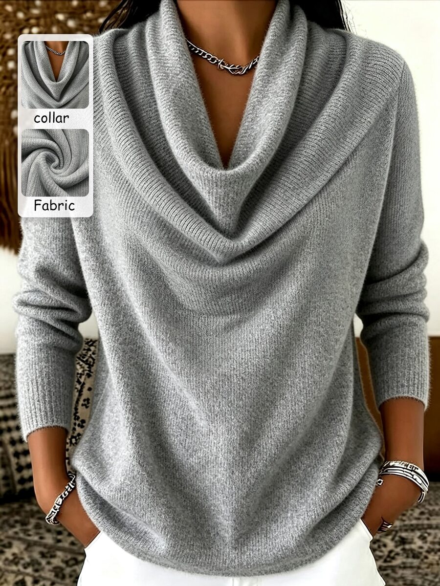 SHEIN Franclia Women's Solid Color Cowl Neck Long Sleeve Casual Top - Grey - View 1