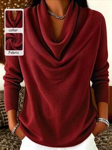 SHEIN Franclia Women's Solid Color Cowl Neck Long Sleeve Casual Top - Red - View 1