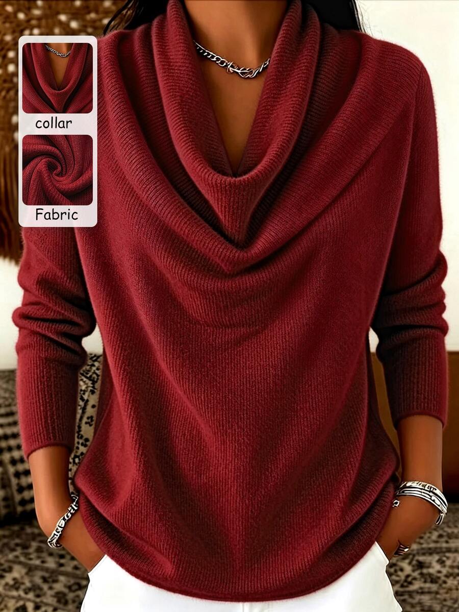 SHEIN Franclia Women's Solid Color Cowl Neck Long Sleeve Casual Top - Red - View 1
