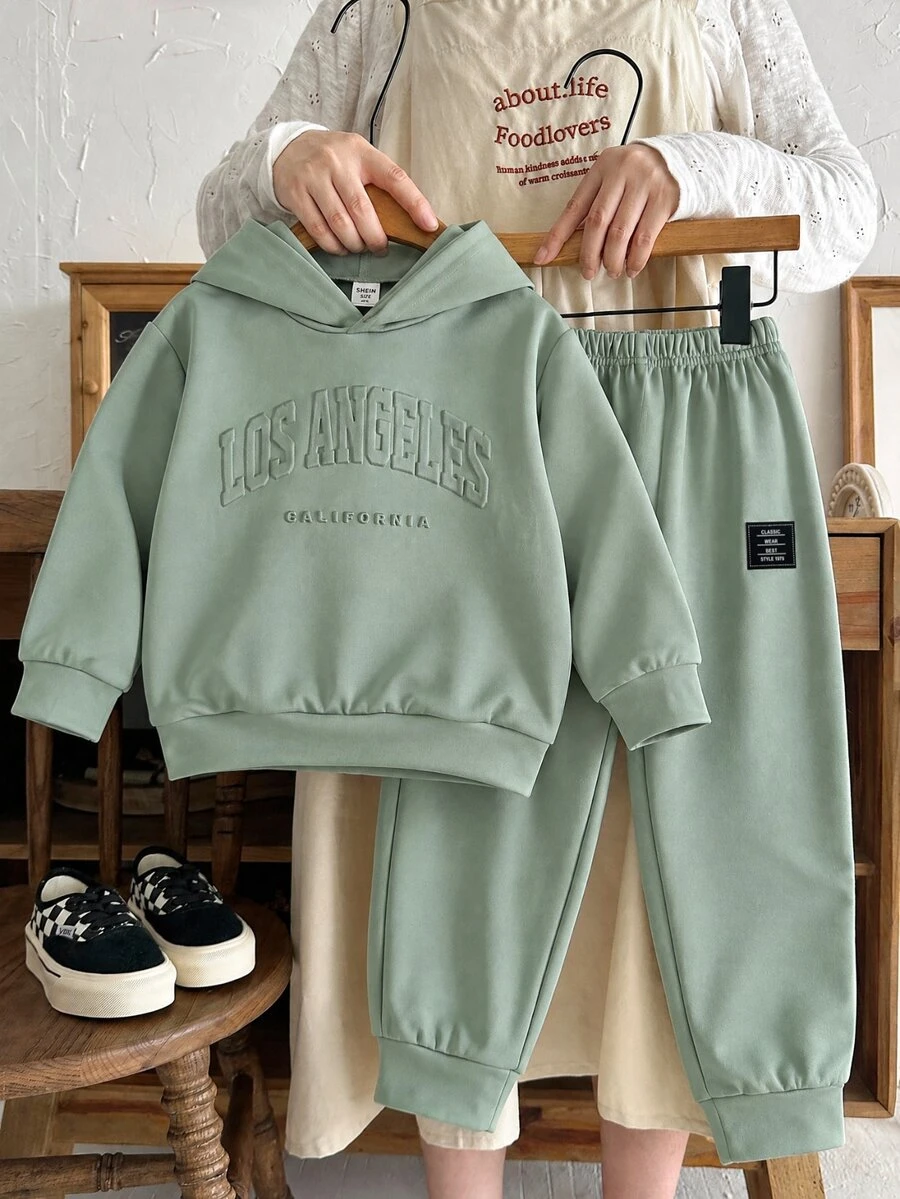 SHEIN Young Boy Color Blocking Loose Long Sleeve Hoodie Set,Winter,Streetwear,Graduation,Back-To-School,Y2k,Holiday,Toddler Boy,Birthday - Green - View 1