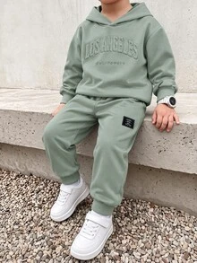 SHEIN 小男孩配色拼接寬鬆長袖連帽衫套裝，冬季，街頭風，畢業，返校 - 綠色 - 查看 1