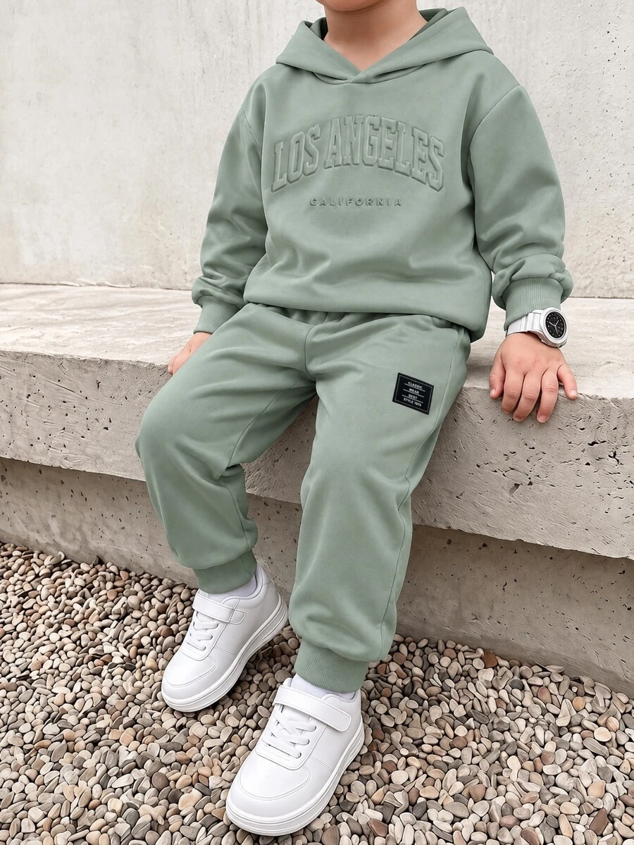 SHEIN 小男孩配色拼接寬鬆長袖連帽衫套裝，冬季，街頭風，畢業，返校 - 綠色 - 查看 1