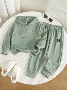 SHEIN 小男孩配色拼接寬鬆長袖連帽衫套裝，冬季，街頭風，畢業，返校 - 綠色 - 查看 5
