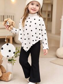SHEIN Young Girls' Fall Casual Western T-Shirt Set, Classic White Half-High Neck Knit Top Asymmetrical Hem, Ribbed Flared Long Pants, 2 Pieces Set - Multicolor - View 1