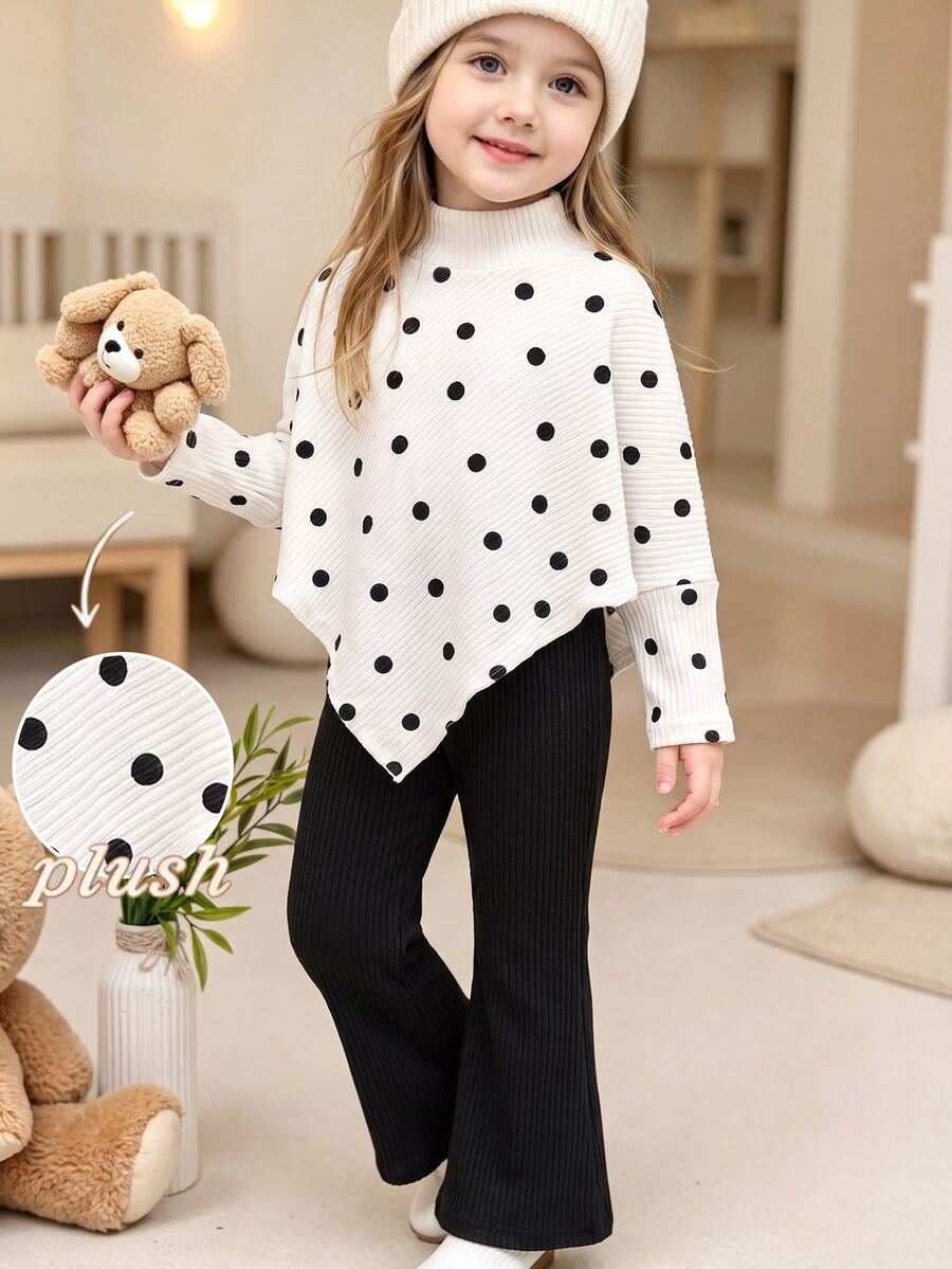 SHEIN Young Girls' Fall Casual Western T-Shirt Set, Classic White Half-High Neck Knit Top Asymmetrical Hem, Ribbed Flared Long Pants, 2 Pieces Set - Multicolor - View 1