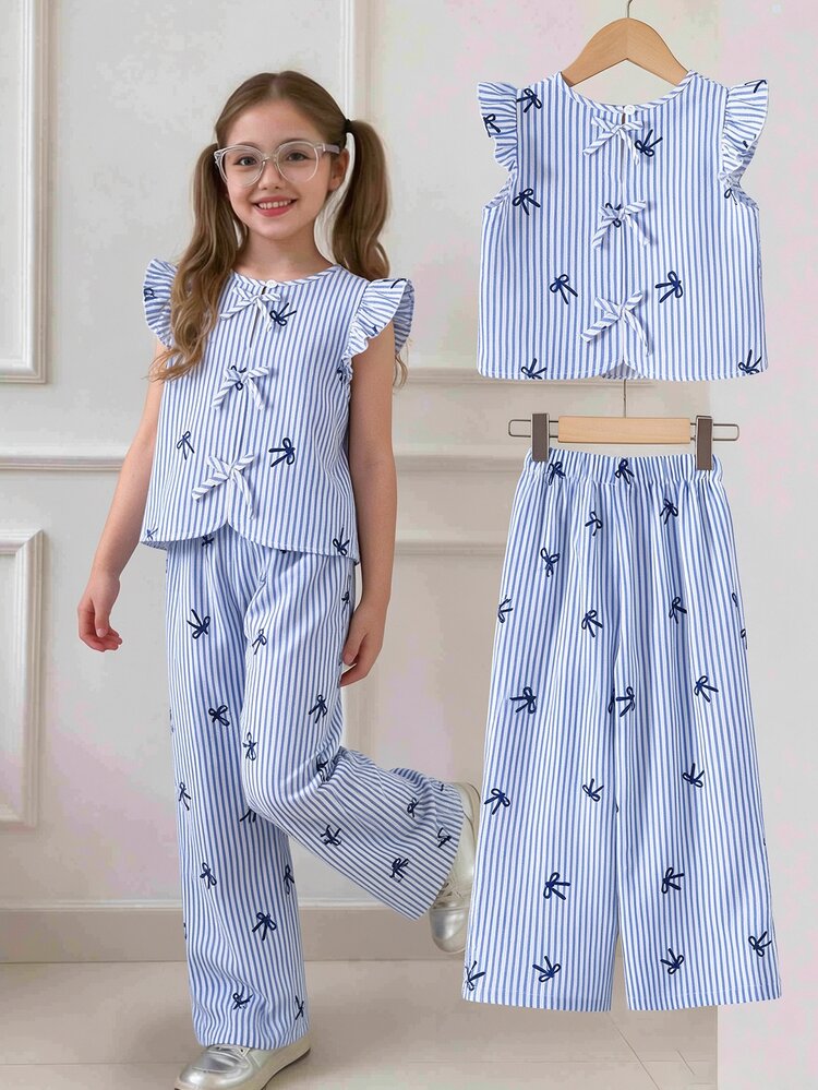 SHEIN Young Girl Textured Fabric Short Sleeve Button Back T-Shirt Casual Long Pants 2-Piece Set None, Back-To-School Summer Nursery Birthday White - Blue - View 1