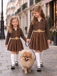 SHEIN Girls' Autumn Leopard-Print Corduroy Coat+Solid-Color Camisole Dress Two Pieces Set, Suitable For Daily Wear, Parties, And Winter Outfits, Brown Color. - Brown - View 1