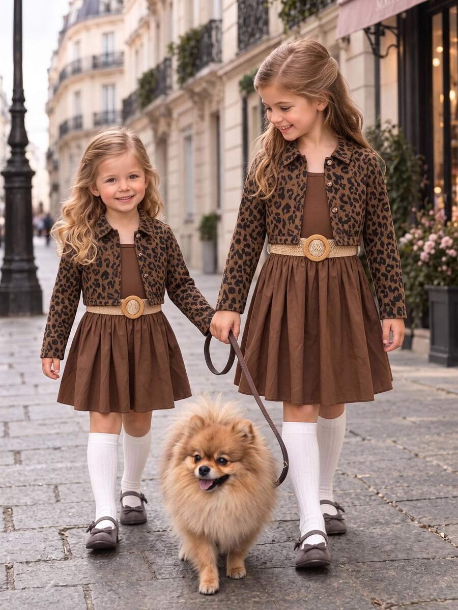 SHEIN Girls' Autumn Leopard-Print Corduroy Coat+Solid-Color Camisole Dress Two Pieces Set, Suitable For Daily Wear, Parties, And Winter Outfits, Brown Color. - Brown - View 1