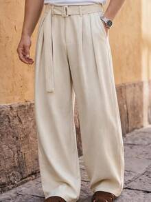 HIMLAND Men Pleated Wide Leg Pants, High Waist Belted Trousers, Loose Straight Leg Casual Streetwear, Minimalist Korean Style, Soft Woven Fabric, Fall New - Khaki - View 6