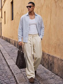 HIMLAND Men Pleated Wide Leg Pants, High Waist Belted Trousers, Loose Straight Leg Casual Streetwear, Minimalist Korean Style, Soft Woven Fabric, Fall New - Khaki - View 3
