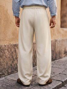 HIMLAND Men Pleated Wide Leg Pants, High Waist Belted Trousers, Loose Straight Leg Casual Streetwear, Minimalist Korean Style, Soft Woven Fabric, Fall New - Khaki - View 2