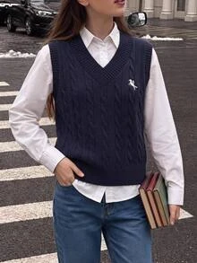 SHEIN 青少年女孩海軍藍與白色粗繩編織V領針織背心，柔軟舒適，經典街頭風公主校園風休閒針織衫，適合秋季校外穿搭 - 藍色 - 查看 1