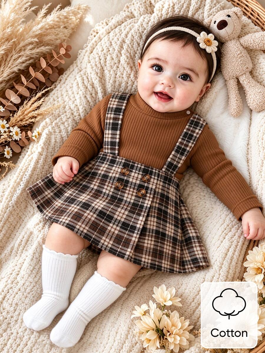 SHEIN 2件組新生兒春秋款咖啡棕色格紋復古可愛幽默學院風純色直條紋小立領長袖連身衣前開扣P