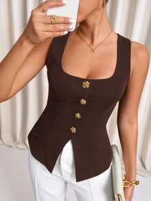 Lavishia Women's Fashion Square Collar Bow Button Vest Shirt - Coffee Brown - View 8