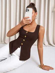 Lavishia Women's Fashion Square Collar Bow Button Vest Shirt - Coffee Brown - View 9
