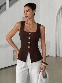 Lavishia Women's Fashion Square Collar Bow Button Vest Shirt - Coffee Brown - View 2