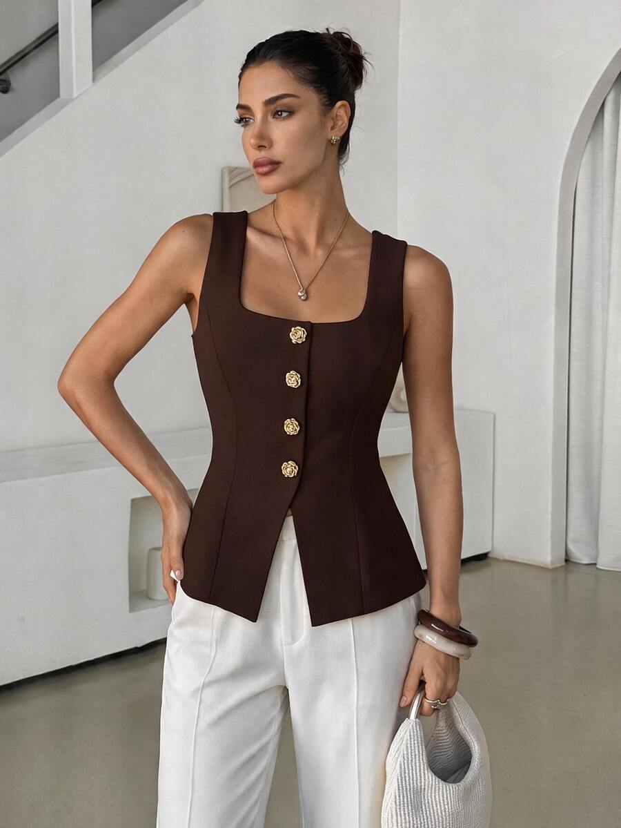 Lavishia Women's Fashion Square Collar Bow Button Vest Shirt