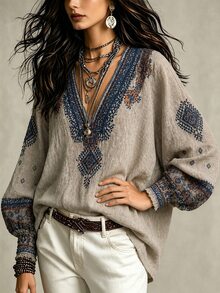 Glimmora Women's Geometric Pattern V-Neck Long Sleeve Casual Shirt - Multicolor - View 8