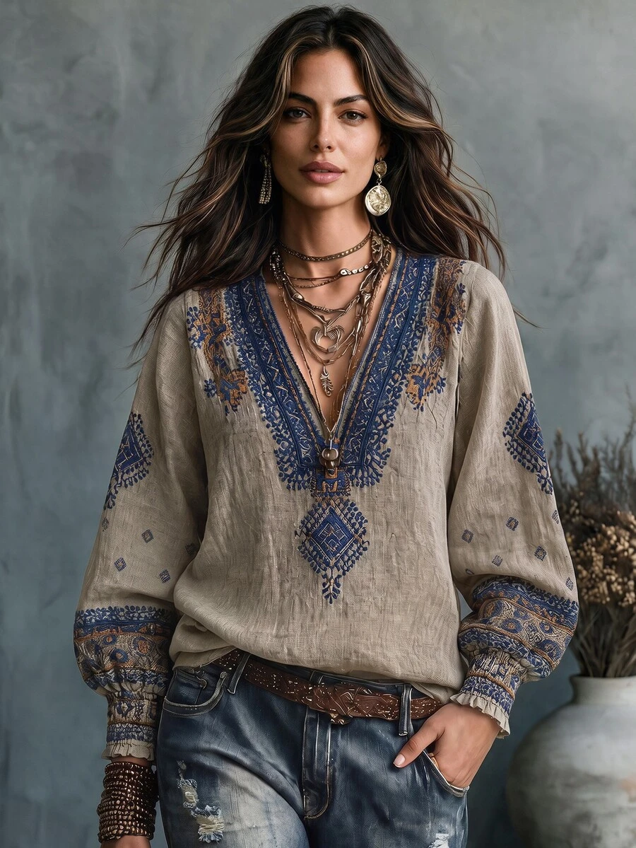 Glimmora Women's Geometric Pattern V-Neck Long Sleeve Casual Shirt - Multicolor - View 1